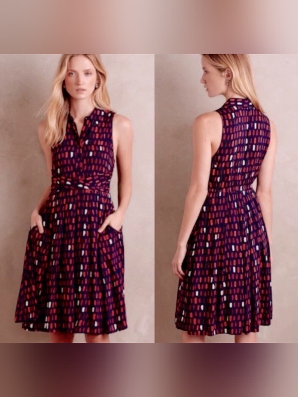 Anthropologie Navy Flared Dress with Red & White Abstract Print